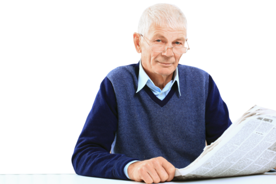 Portrait of an old man solving crosswords in the newspaper on a transparent background