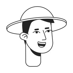 Eager happy young man wearing tourist hat monochrome flat linear character head. Male traveller. Editable outline hand drawn human face icon. 2D cartoon spot vector avatar illustration for animation