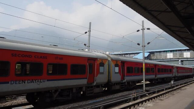 July 4th 2022 Jammu and Kashmir India..14609 RISHIKESH - SMVD KATRA Hemkunt Express at the railway platform at halt. Katra railway Station