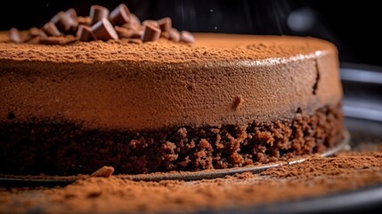 cocoa powder dusted on top of a chocolate cake