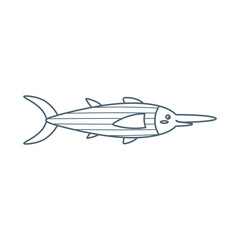 Swordfish, sea animal. An inhabitant of the sea world, a cute underwater creature. Line art.