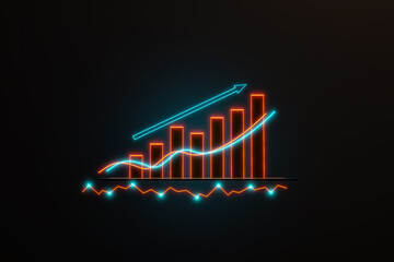 Bar graph and line moving up. Positive bar chart in orange. Business, financial figures, revenue, analyzing, growth, infographic, rising arrow, financial report. - obrazy, fototapety, plakaty