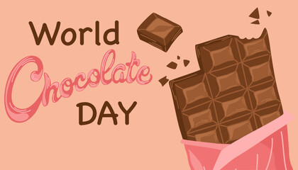 World chocolate day. Chocolate bar with pieces, sweet desert. Hand drawn Happy Chocolate Day banner with text. Vector Postcard. 