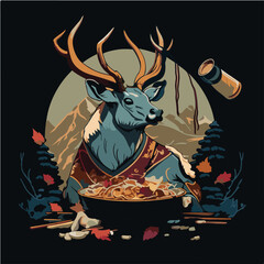 relax Caribou eating Dandan Noodles, Caribou character, artistic, print design, for t-shirt and case
