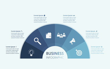 Business Infographic Template, Six Work Process Half Circle , Advertising Pie Chart Diagram Presentation - obrazy, fototapety, plakaty