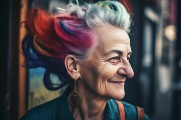 Fototapeta premium Old lady colored hair style. Generate Ai