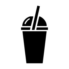 Smoothies icon, black silhouette on white. Takeaway drink in plastic cup with dome lid and straw. Vector element or logo of minimalist design, illustration of non-alcoholic beverage or fast food.