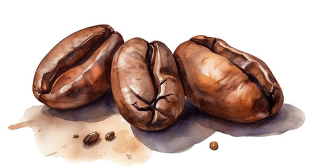 Watercolor drawing of delicious roasted coffee beans with leaves, cut out. Based on Generative AI
