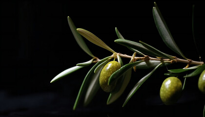 Obraz na płótnie Canvas Recreation artistic still life of green olives in branch with small leaves with black background. Illustration AI