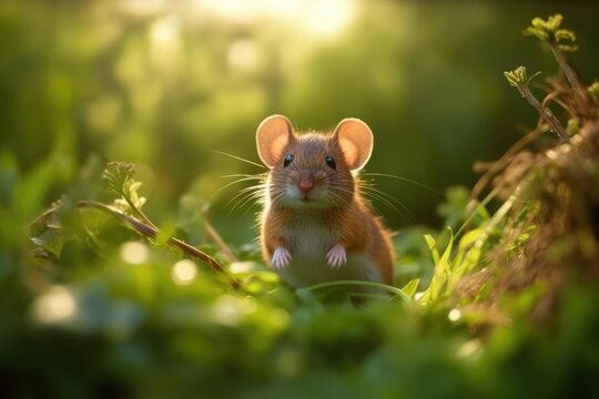 Wild mouse resting on the forest floor with lush green vegetation. Generative AI