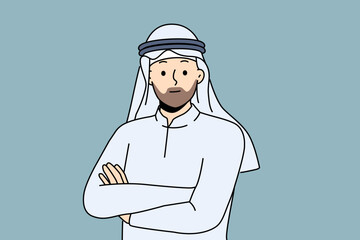 Smiling Arabic man in traditional national costume. Happy arabian bearded male in ethnic headwear and clothes. Vector illustration. 