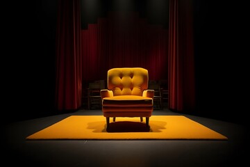 Single empty yellow chair under a spotlight on the stage. Generative AI