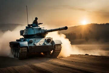 tank on the road, tank on desert, tank in operation