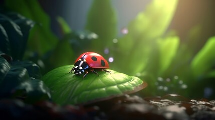 Obraz premium Ladybug on green leaf. Beautiful nature. Generative AI