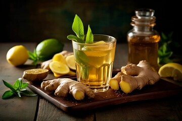 Lemon and ginger root. Tea or lemonade ingredients. Generative AI - obrazy, fototapety, plakaty