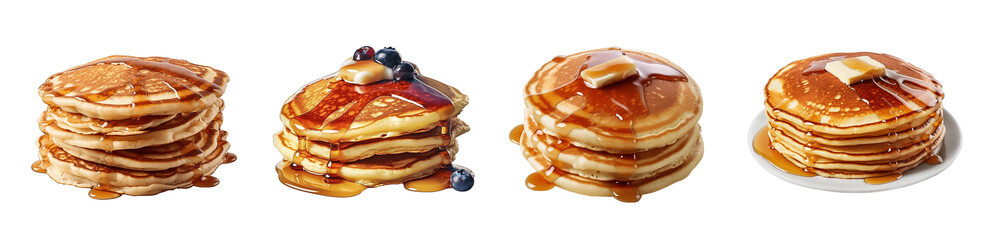 Set of delicious pancakes with different toppings on isolated png background. Generative AI - obrazy, fototapety, plakaty