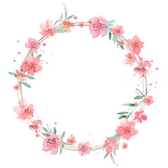 Cute wreath with cherry blossoms. Watercolor vintage frame.
