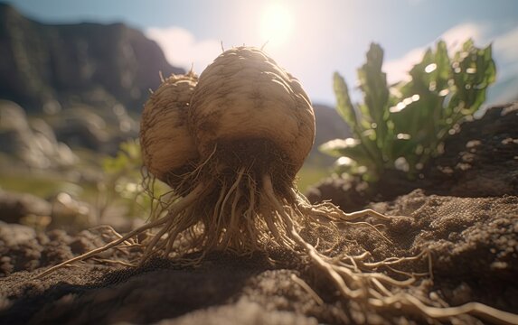 Peruvian maca freshly harvested. Food supplements and healthy products from nature. Generative Ai image