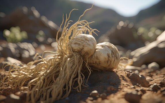 Peruvian maca freshly harvested. Food supplements and healthy products from nature. Generative Ai image