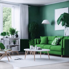 Modern green living room with sofa and chairs