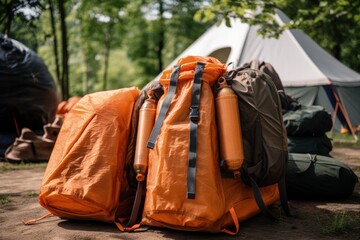 Camping equipment in the forest. Backpack and tent on background. travel bags in front of a camping tent hiking gear, AI Generated