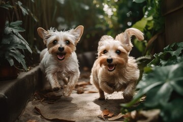 Two Yorkshire Terrier puppies playing in the garden on a sunny day, Two cute small dogs playing and running in a green garden, AI Generated
