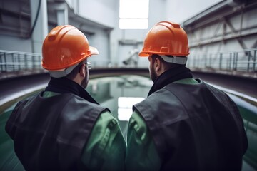 Two engineers in hardhats discussing something while standing in a factory, Two industrial engineers are in the rearview wearing uniform, AI Generated