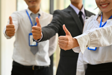 Group of office worker, financiers showing thumb up, gesturing in the positive, affirmative or good choice