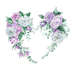 Heart frame of flowers for wedding invitations. Purple flowers heart. Vintage illustration.