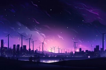 Fototapeta premium Illustration of the cityscape with wind turbines in the night. Wind turbines generating electricity in a dark night, AI Generated