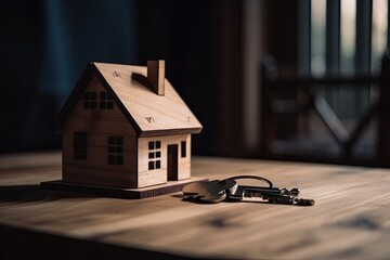 House model and keys on wooden table. Real estate concept. Selective focus. wooden Home model on an office table and realistic view, AI Generated
