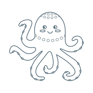 Octopus, sea animal. An inhabitant of the sea world, a cute underwater creature. Line art.