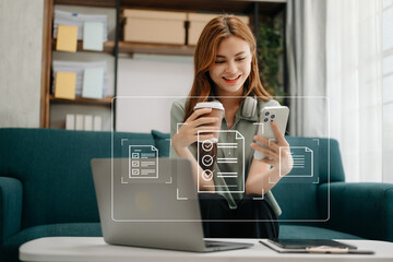 E-document management Paperless workplace, e-signing, electronic signature, document management. woman signs an electronic document on a virtual notebook screen using a stylus pencil.