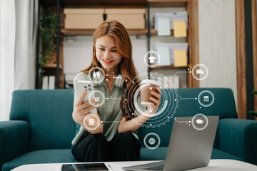 Woman using smart phone for mobile payments online shopping,omni channel,sitting on table,virtual...