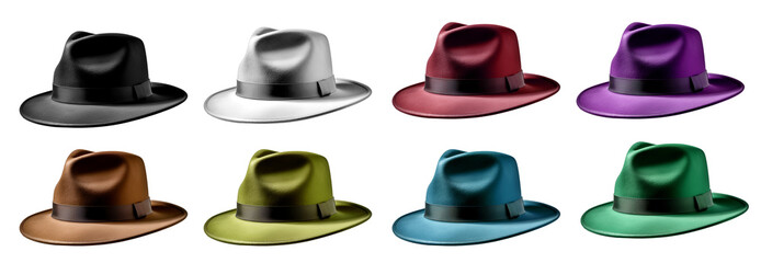 Fedora velvet top felt hat. Many assorted different range of colours isolated on transparent background cutout. PNG file. Mockup template for artwork graphic design	
