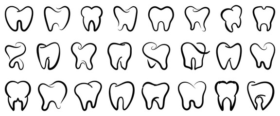 Black line teeth icon collection. Set of tooth outline logo