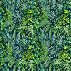 Naklejka na ściany i meble Green leaf. Seamless tropical pattern with palm leaves and flowers. watercolor painting illustration. Dark background.