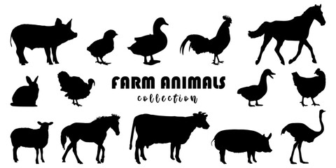 Farm animal silhouette collection. Set of black farm animals silhouette