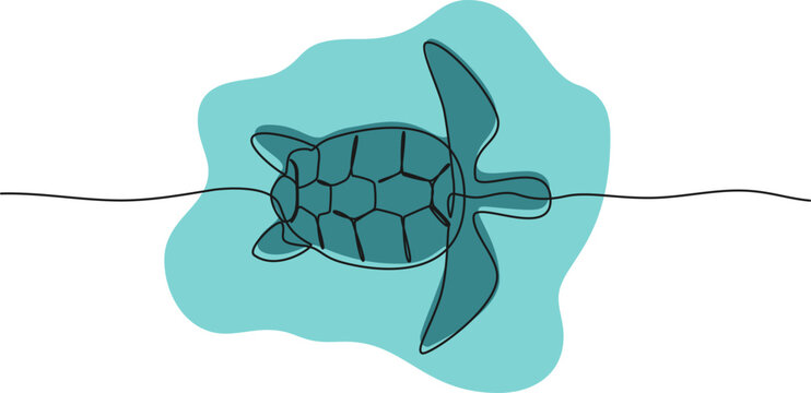 colored continuous single line drawing of turtle in water, line art vector illustration