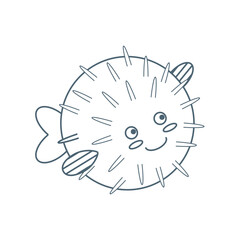 Puffer fish, sea animal. An inhabitant of the sea world, a cute underwater creature. Line art.