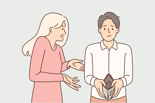 Bankrupt couple of man with empty wallet and flustered young woman asking what to do
