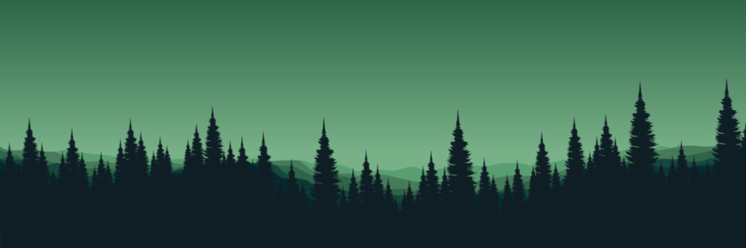 misty pine forest silhouette with mountain sunset landscape view vector illustration good for web banner, ads banner, tourism banner, wallpaper, background template, and adventure design backdrop