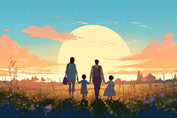 parent and children on field sunset,, Generative,AI