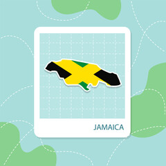 Stickers of Jamaica map with flag pattern in frame.