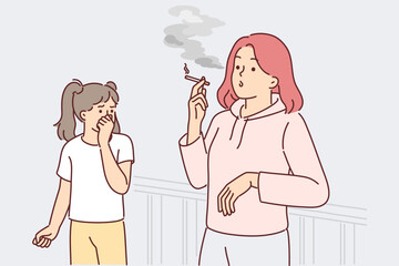 Woman smoking cigarette making daughter passive smoker and causing child suffering from nicotine - obrazy, fototapety, plakaty