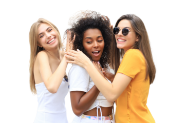 Three young smiling hipster women in summer clothes posing on a transparent background. Female showing positive face emotions.