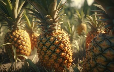 Obraz premium Pineapple plantation on a sunny day. Healthy and organic fruit. Generative Ai