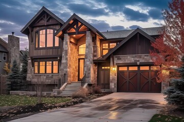 Fototapeta na wymiar Sophisticated Design: Alluring Brand New Residence with Three-Car Garage, Coral Siding, and Natural Stone Pillars, generative AI
