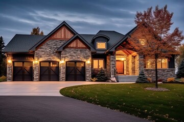 Three-car garage and natural stone pillars: Sophisticated design of a brand new residence with alluring dark green siding, generative AI