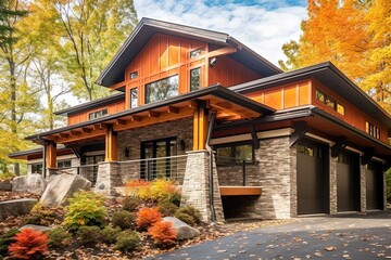 Avant-Garde Three-Car Garage Dwelling with Captivating Orange Siding and Natural Stone Accents, generative AI